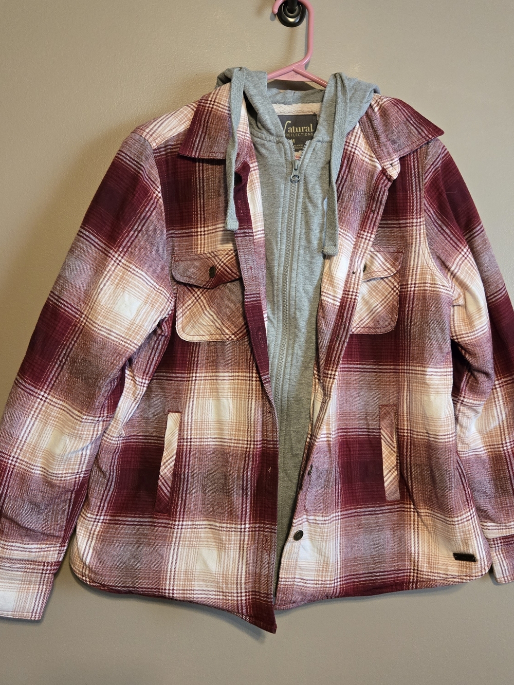Natural Reflections Burgundy Plaid Jacket with Gray Hooded Liner